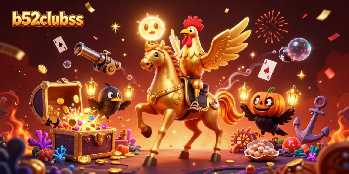 b52clubss showcases a golden rooster riding a spectral horse in a vibrant casino scene filled with gold and gems.
