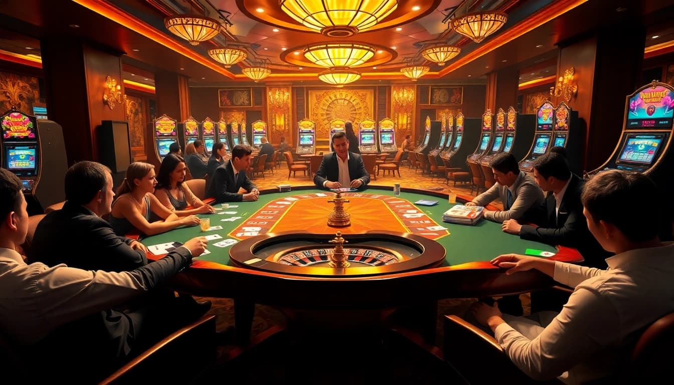 Exciting gambling action at loto188.gb.net with players engaging in poker, roulette, and slot machines.