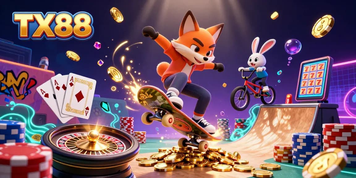 TX88 showcases thrilling gaming action with animated characters and casino elements.