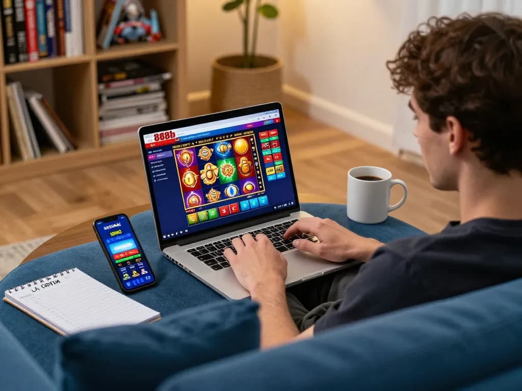 Player enjoying 888b online casino game on laptop, showcasing responsible gambling strategies in cozy home setup.