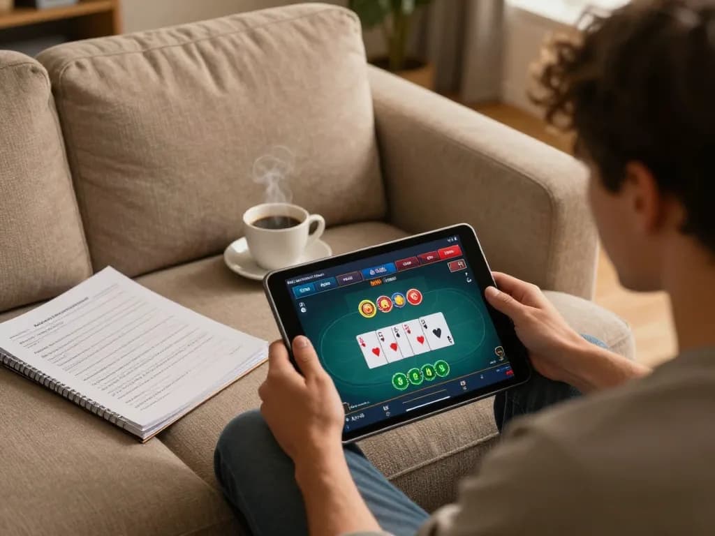 Engaged player enjoying Bet4Star Casino poker game on tablet in cozy home setting.