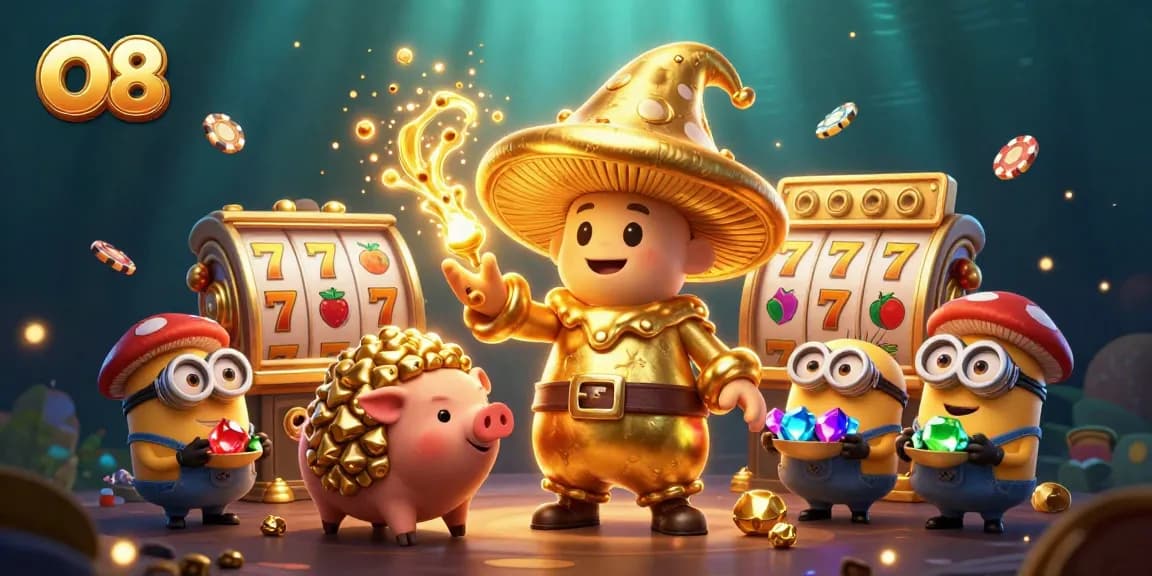Experience O8's magical casino world with a golden mushroom wizard transforming treasures in an ultra-detailed scene.