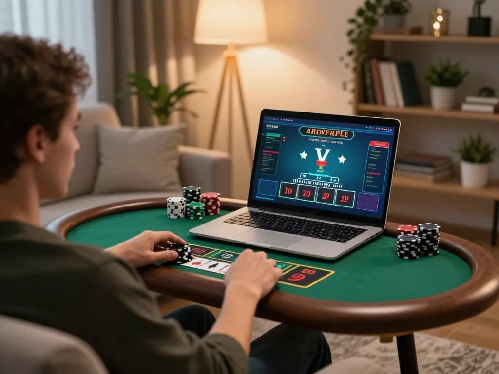 Engaging in online Blackjack with Ax88 strategy, player analyzing bets at home.