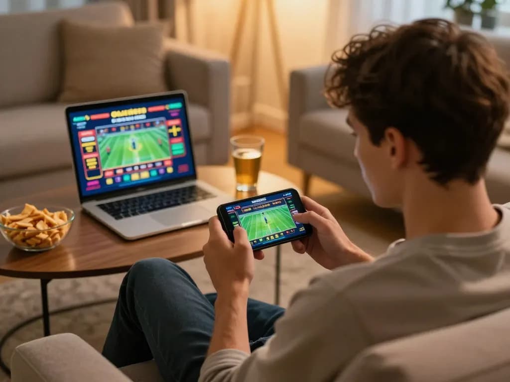 Player using smartphone for online sports betting at nhà cái jun88 while relaxing at home.