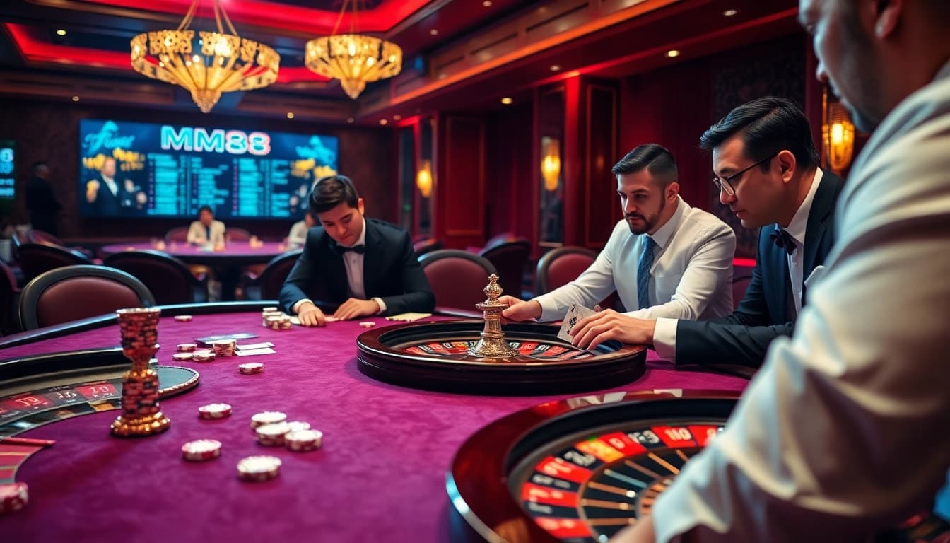 Players engaging with MM88’s exciting gambling options at a luxurious casino table.