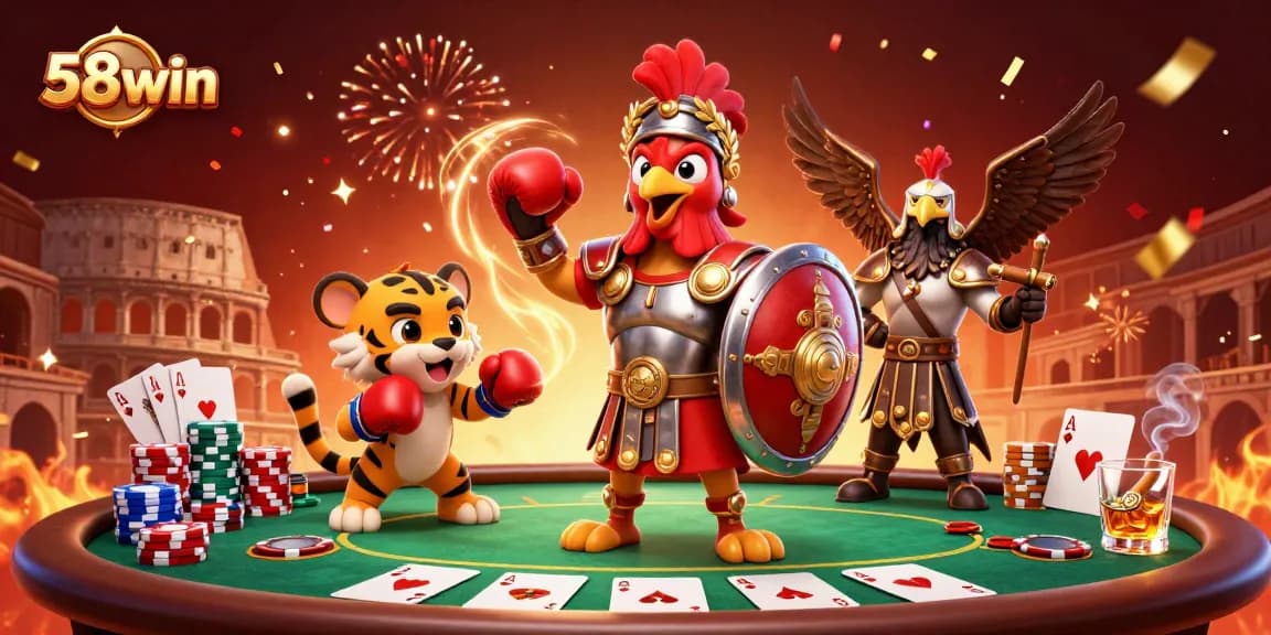 Experience the excitement of gaming with 58win, featuring strategic poker play and vibrant illustrations.