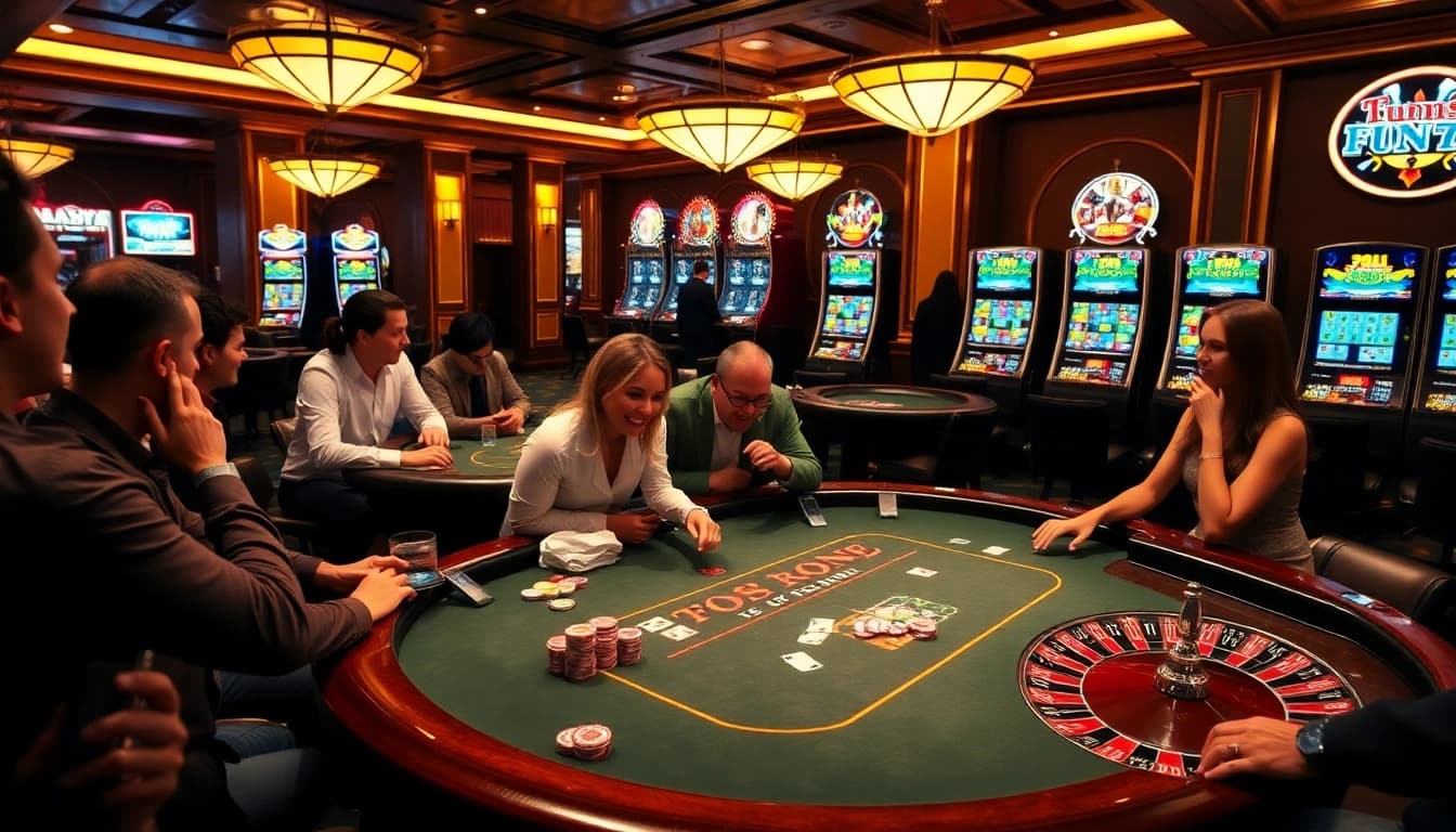 Players are engaging in a thrilling poker game at FUN79 Casino, showcasing their strategies and excitement.