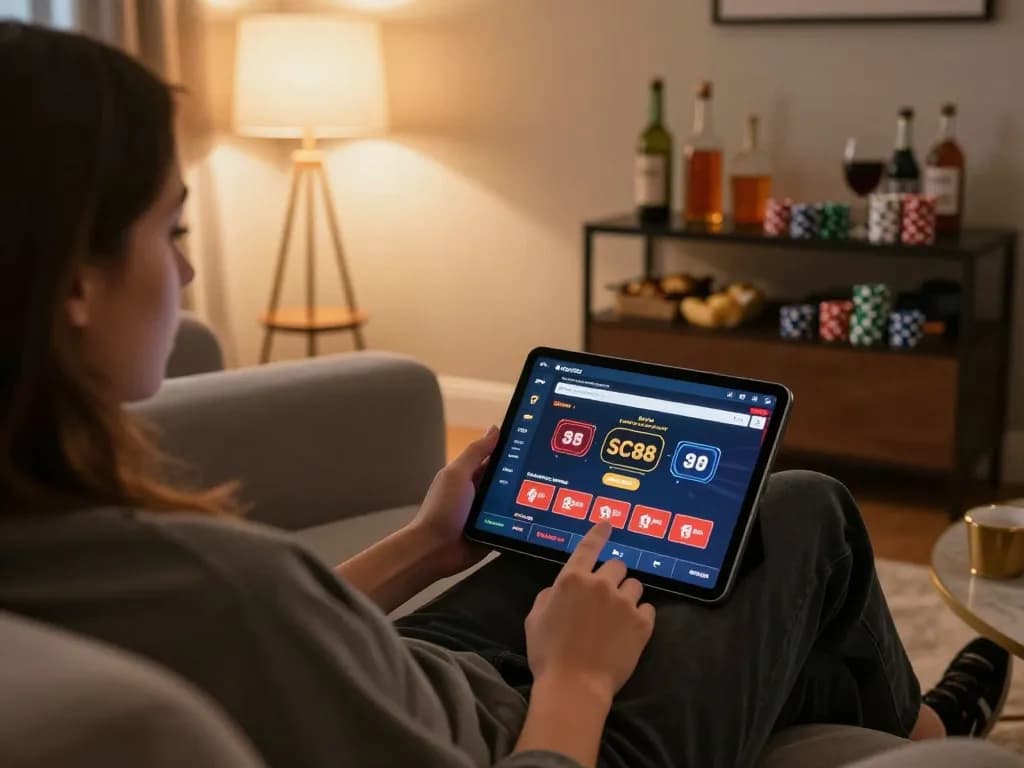 Person enjoying SC88 online gaming on a tablet in a cozy living room setting, highlighting responsible entertainment