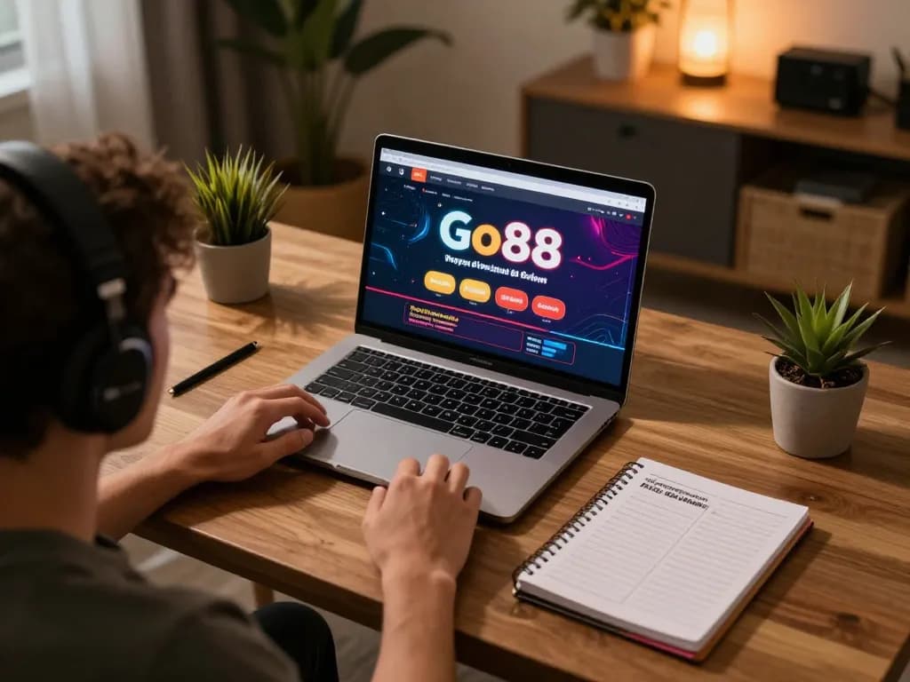 Player enjoying online gaming on Go88 platform, showcasing strategic betting with notebook.