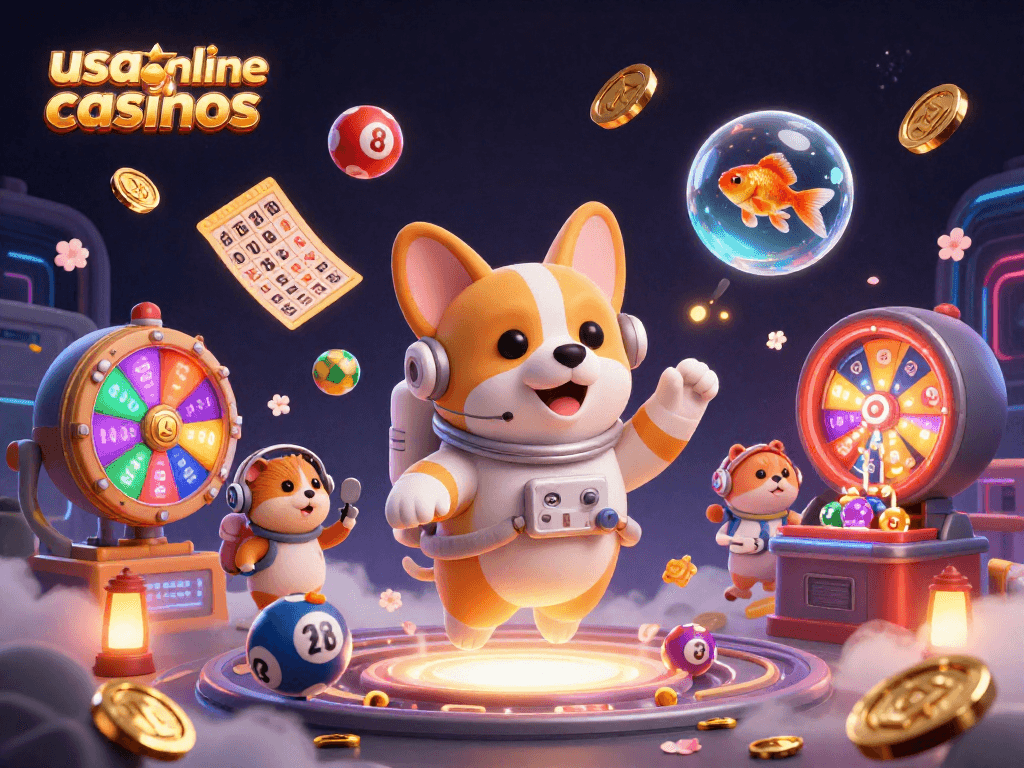 Experience excitement at usa online casinos with animated characters in a vibrant casino scene.