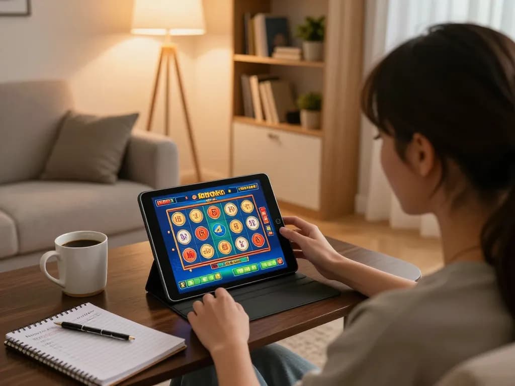 Player engaging in an online slot game on a tablet for NOHU90 in a cozy living room setting