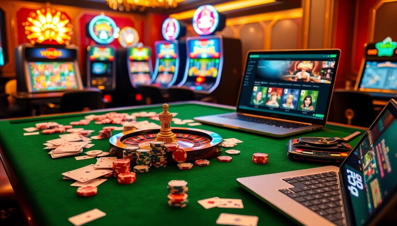 Engaging casino table scene showcasing win88 with poker chips and slot machines.