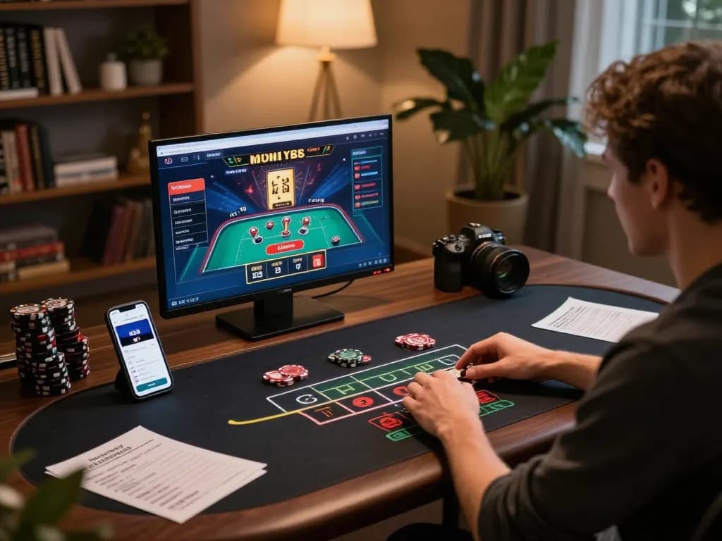 Engaging in online blackjack at home with dn88 betting strategy notes nearby, creating a focused gaming atmosphere.