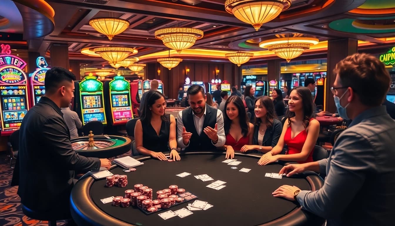 Nohu90 players engage in thrilling casino activities surrounded by vibrant slot games and lively dealers.