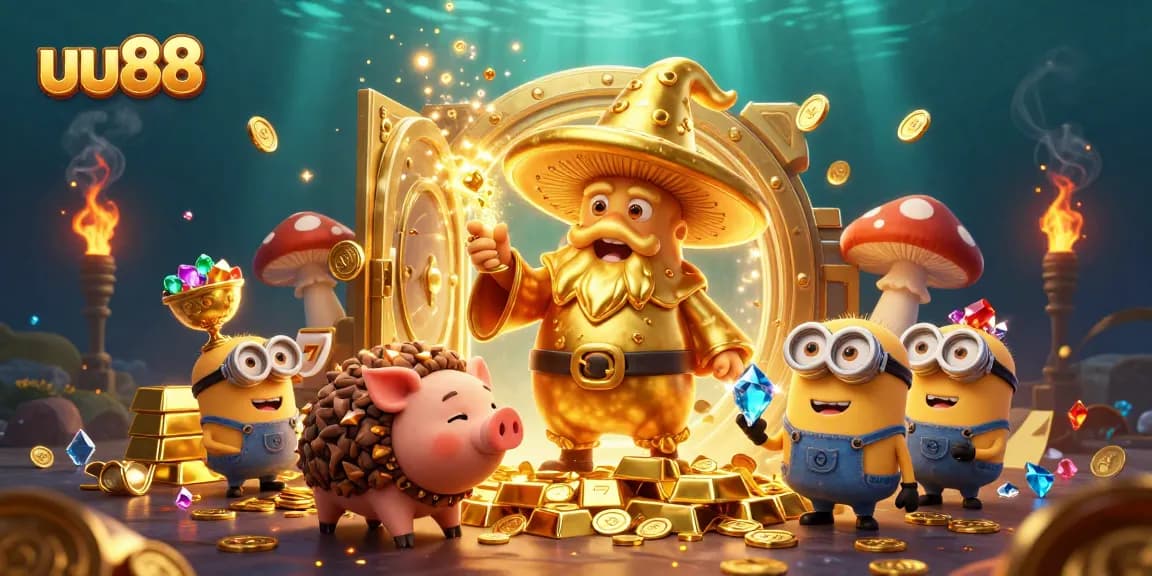 Experience the magic of uu88 with a playful golden wizard and treasures in this vibrant casino scene.