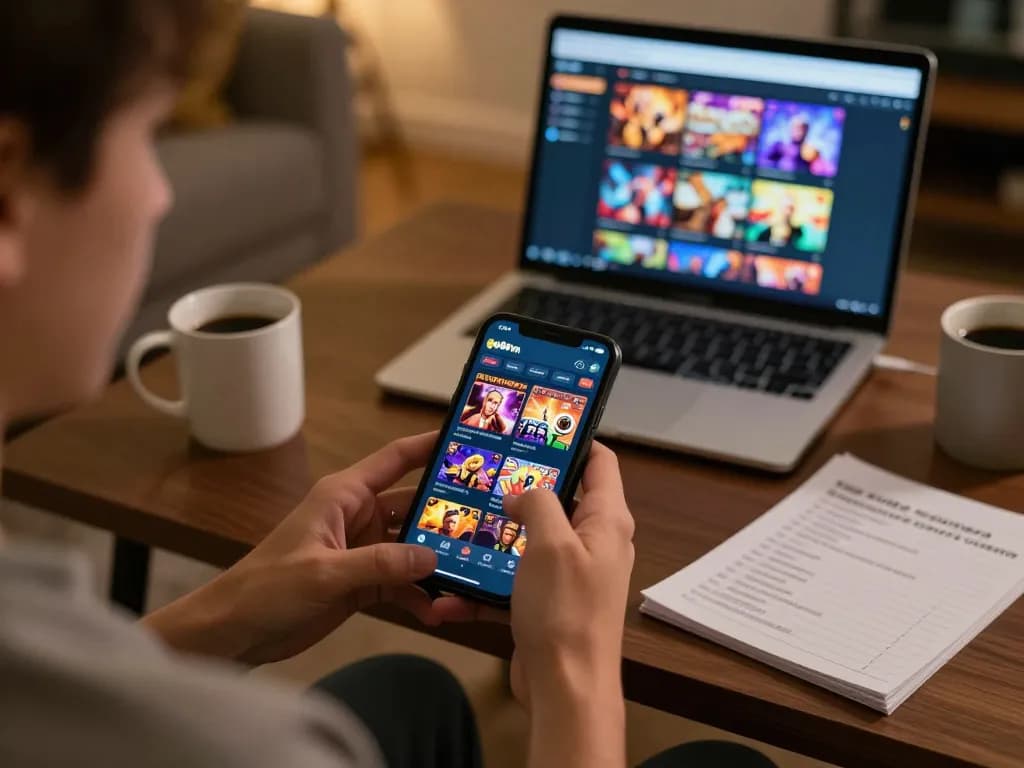 Engaging in online gaming with go86vn app on smartphone, capturing a vibrant home session.