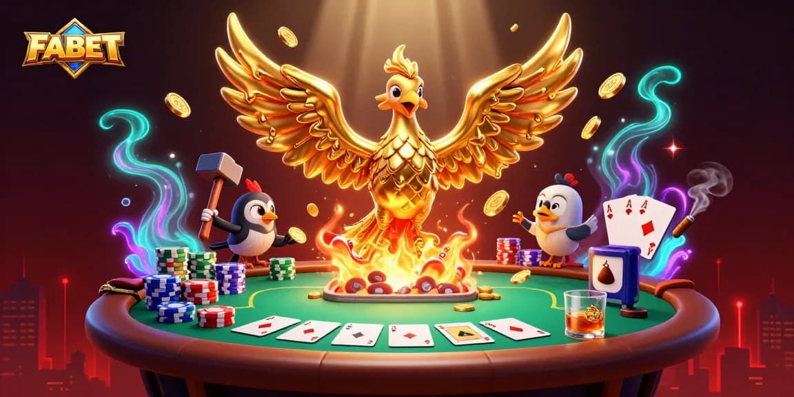 FABET showcases a golden phoenix symbolizing prosperity amidst a vibrant poker scene.