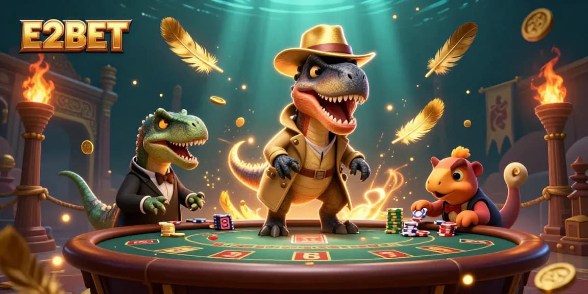 E2BET casino scene featuring a velociraptor card counter, a stegosaurus pit boss, and a pickpocket amidst gold coins and dynamic betting elements.