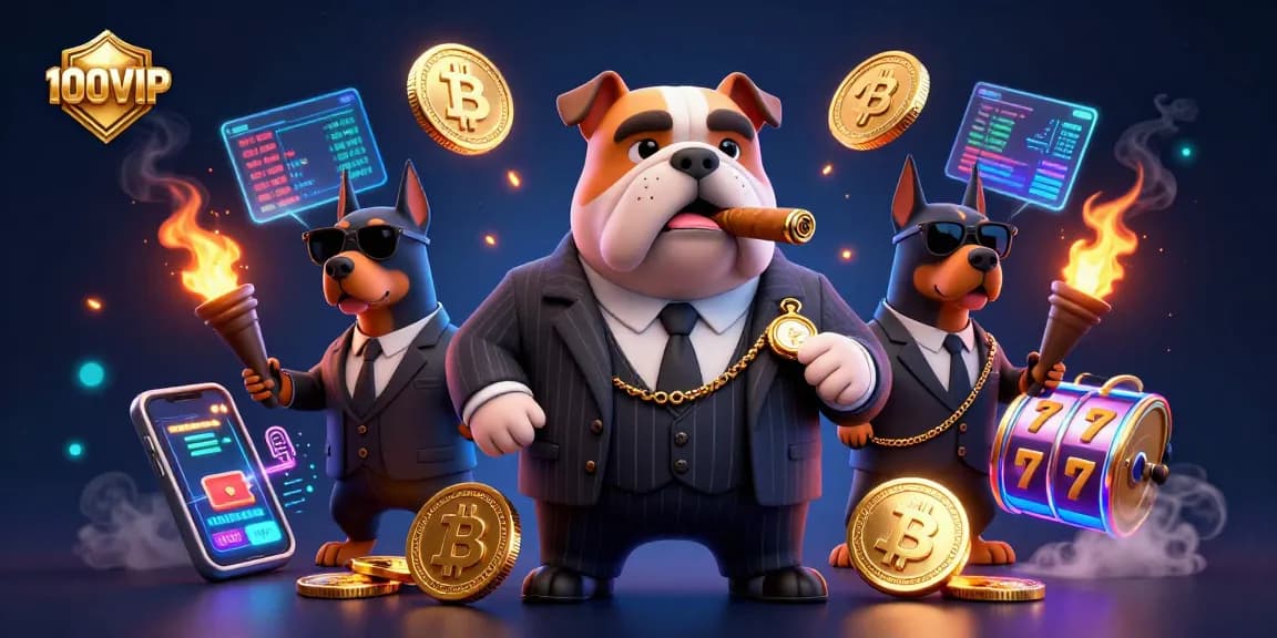 Experience thrilling games with 100VIP, featuring a stylish mafia bulldog and vibrant gold elements.