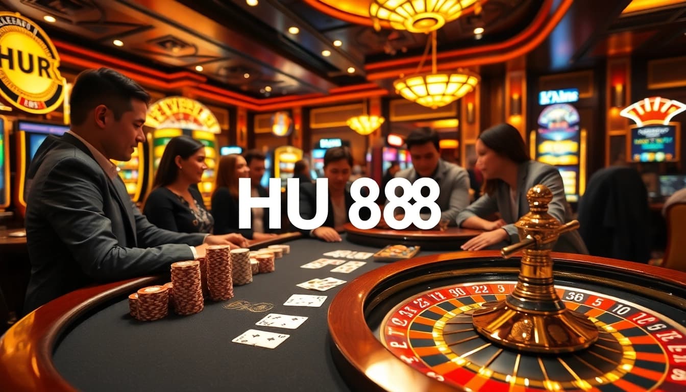 Experience an exciting game at HU 88's premium casino, featuring vibrant poker tables and lively slot machines.