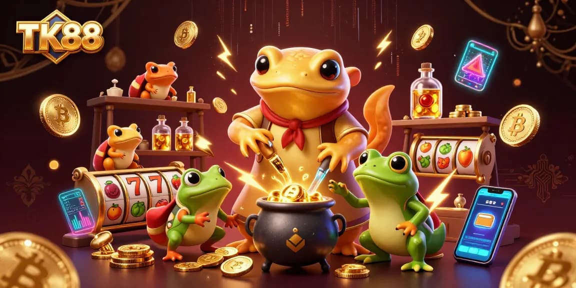 Manipulate winnings with TK88 in a dynamic arcade of gold coins and animated slot reels.