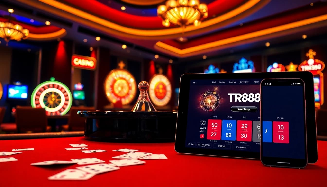 Experience the excitement of TR88 online gambling with vibrant casino visuals and professional gaming elements.
