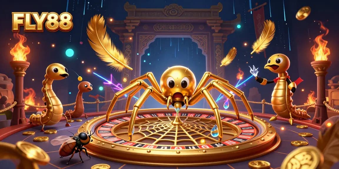 FLY88 features a vibrant scene with a golden spider and centipede croupier in an energetic casino setting.