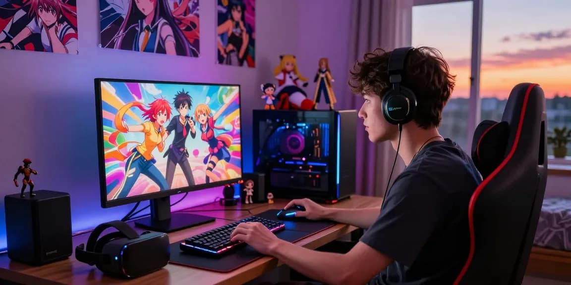 Engaged gamer experiencing an ecchi simulator in a stylish bedroom filled with anime decor.