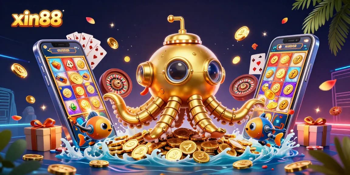 Experience thrilling wins at xin88 with a dynamic scene of interactive casino elements and a golden kraken.