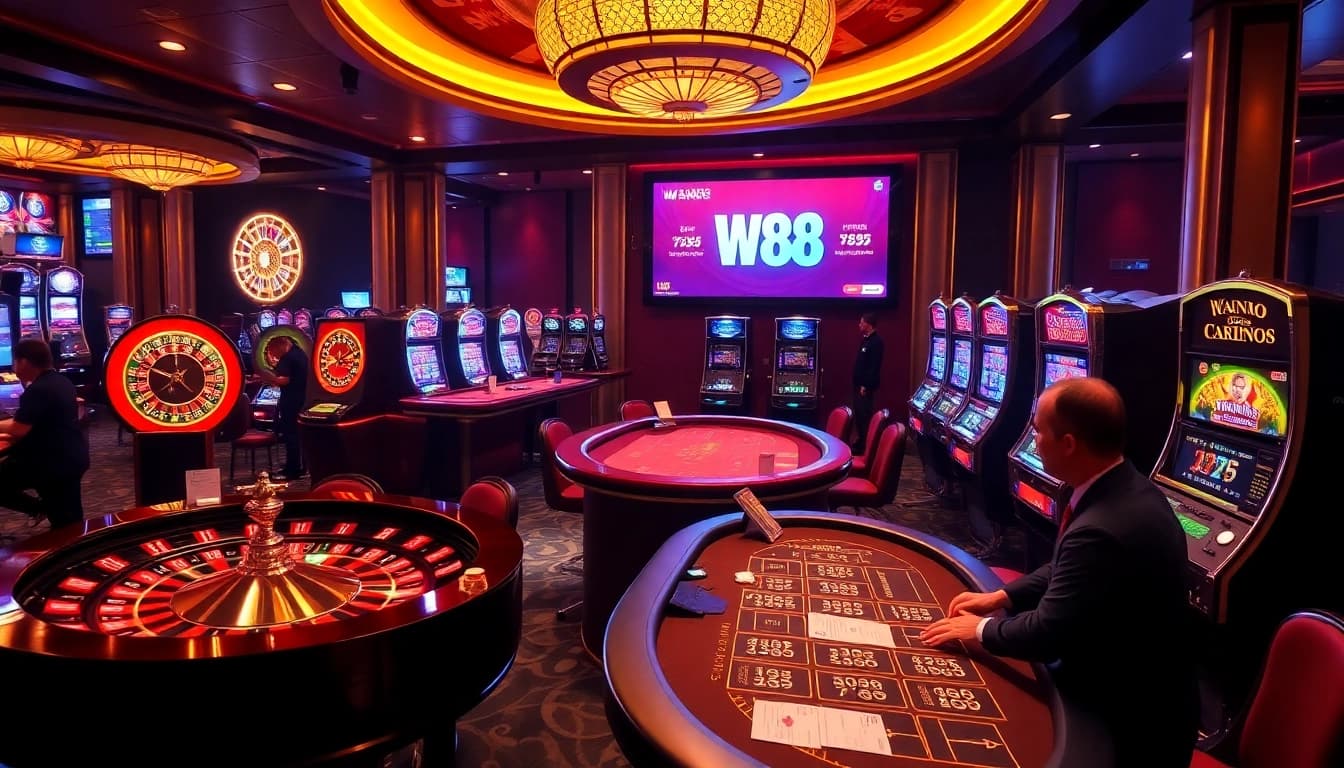 Engaging players at the W 88 casino, showcasing vibrant gaming tables and slot machines.