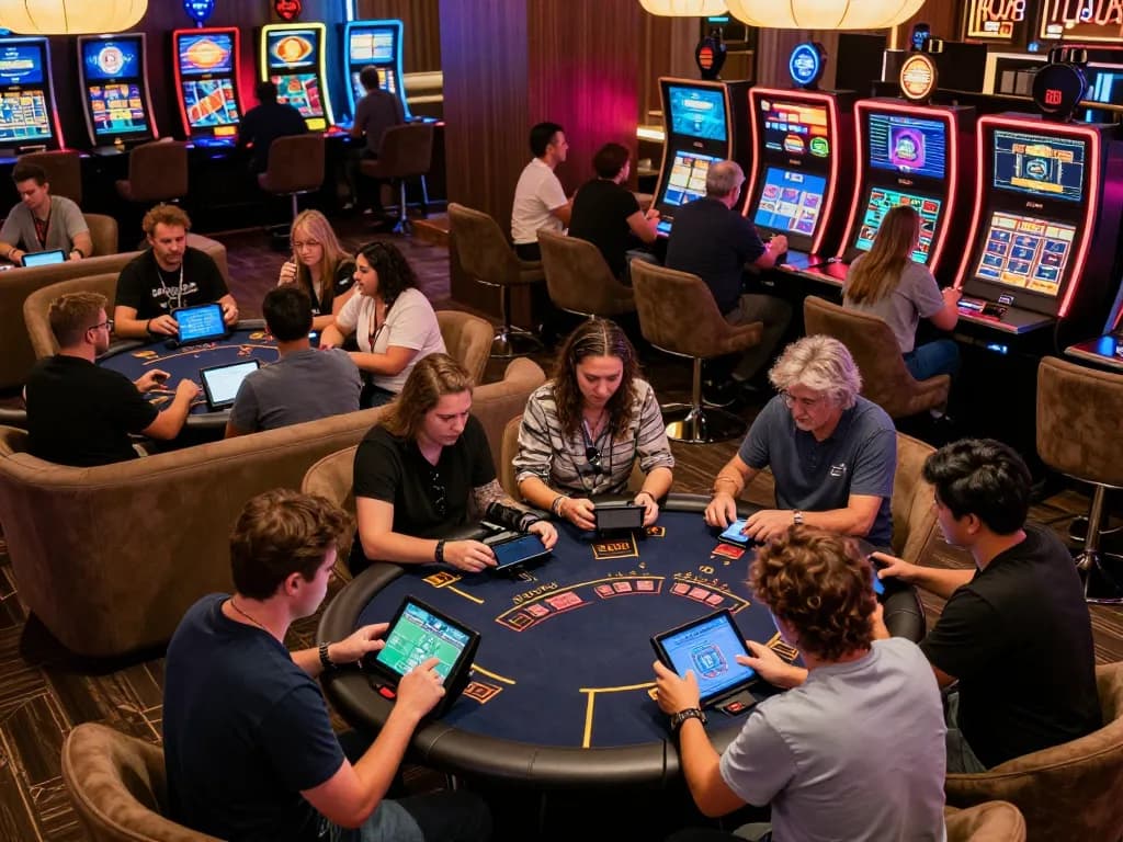 Players enjoying online gambling on tablets at a vibrant casino lounge, showcasing the va88 gaming experience.