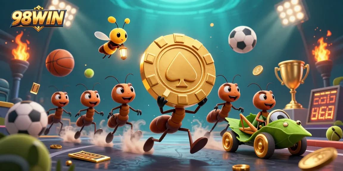 Engage with 98WIN's thrilling 3D cartoon heist featuring ants with a massive poker chip amid dynamic sports elements.