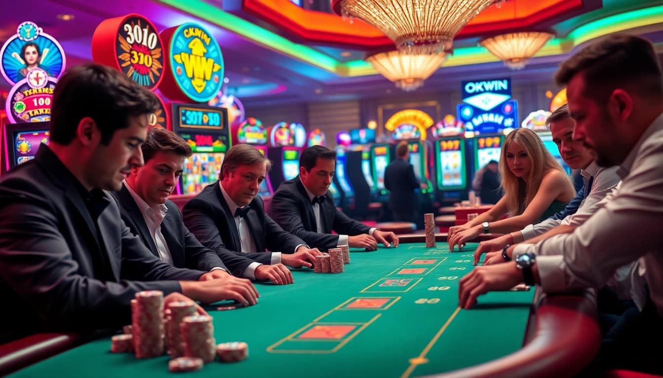 Okwin players strategizing at a high-stakes poker table in a luxurious casino.