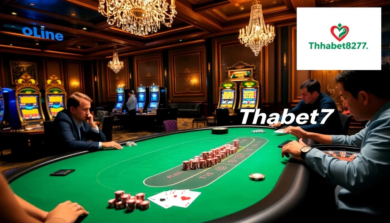Players engaging in blackjack and poker at a luxurious Thabet77 casino table, showcasing the excitement of gambling.