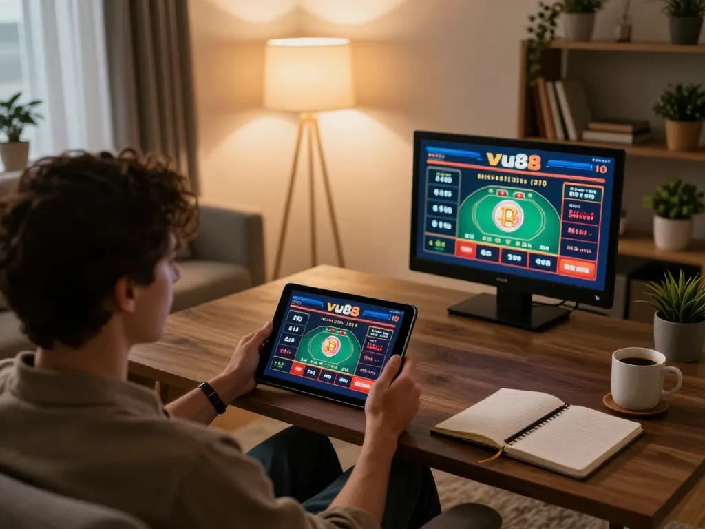 Person engaging in online vu88 casino gaming on tablet in cozy home environment