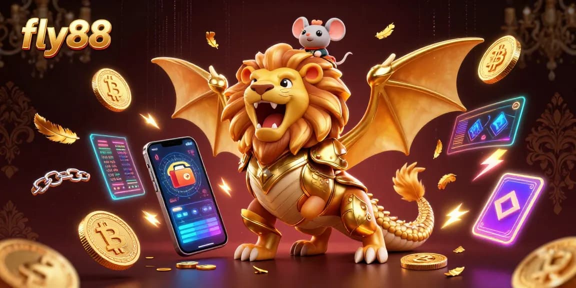 Experience thrilling wins at fly88 with a spectacular chimera and crypto elements in a vibrant casino scene.