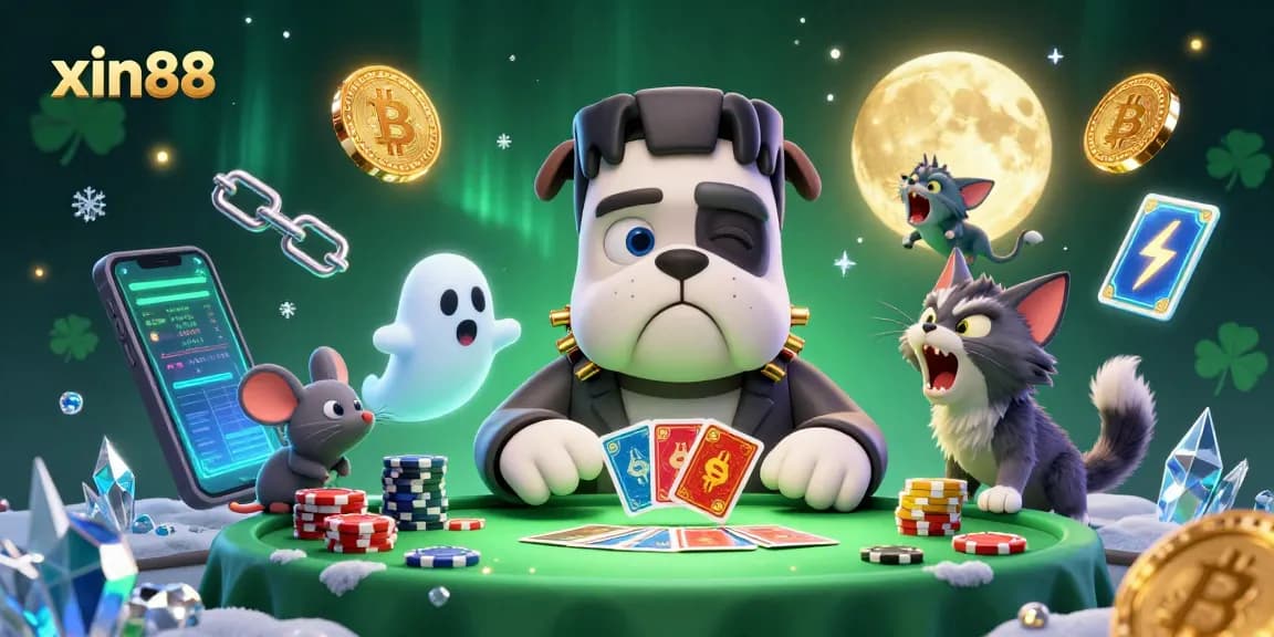 Experience the thrill of xin88 with dynamic card dealing at a spooky casino table surrounded by crypto elements.