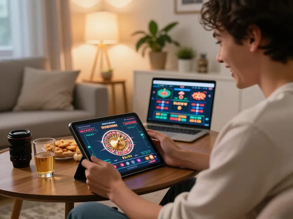 Engaging play on sun win gaming app in cozy home setting, showcasing an exciting gaming experience on tablet.