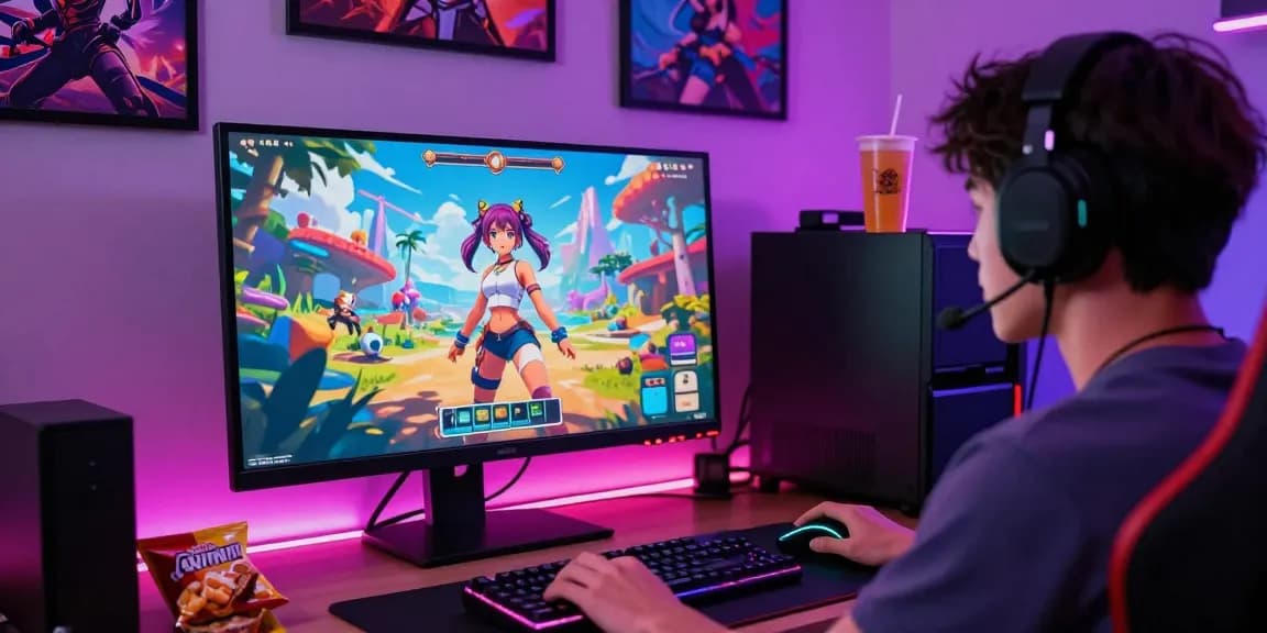 A player enjoying AI hentai games on a vibrant gaming setup with colorful graphics and neon lights.