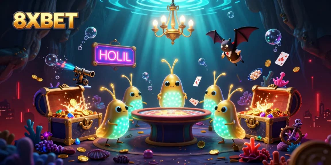 Experience the 8XBET cave casino illuminated by glowworms and bat dealers in this vibrant 3D scene.