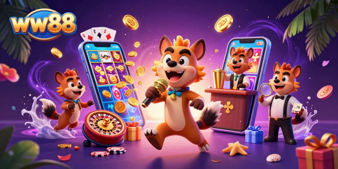 Engage in exciting 3D gaming fun at ww88 with lively hyenas in a casino atmosphere.