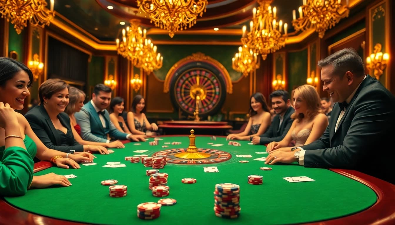 S8 players enjoy a vibrant casino experience at a luxurious gaming table.
