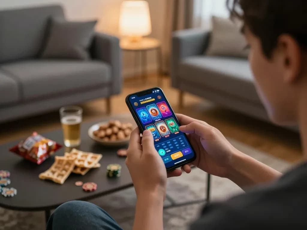 O8 player using mobile app for online betting, enjoying a responsible gaming experience in a cozy setting.