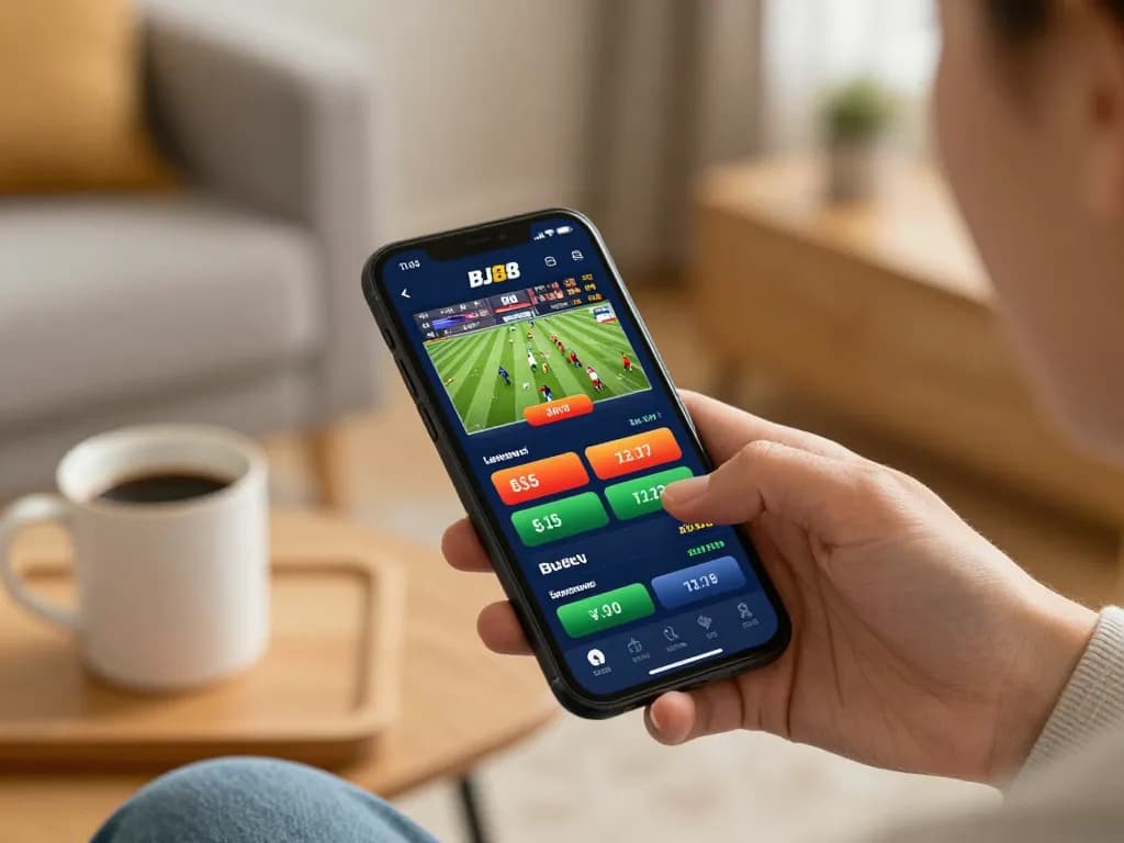 Engaging with the BJ88 betting app for live sports bets in a cozy home environment.