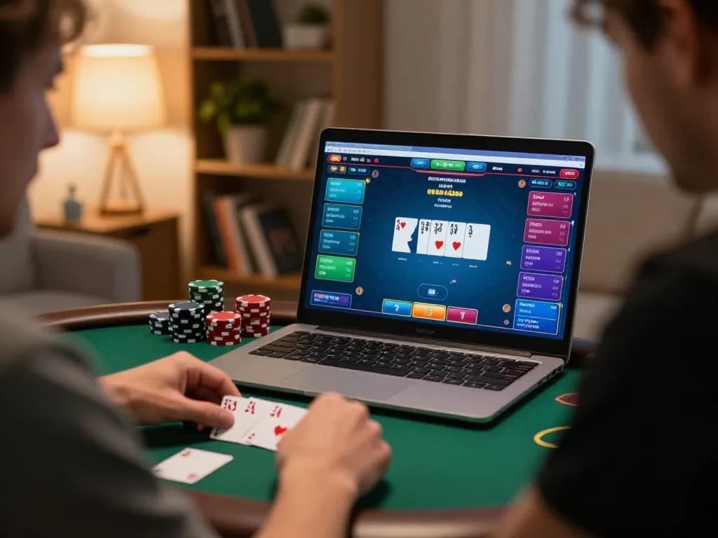 Player engaging in online go88 poker game from home, showcasing modern gaming setup.