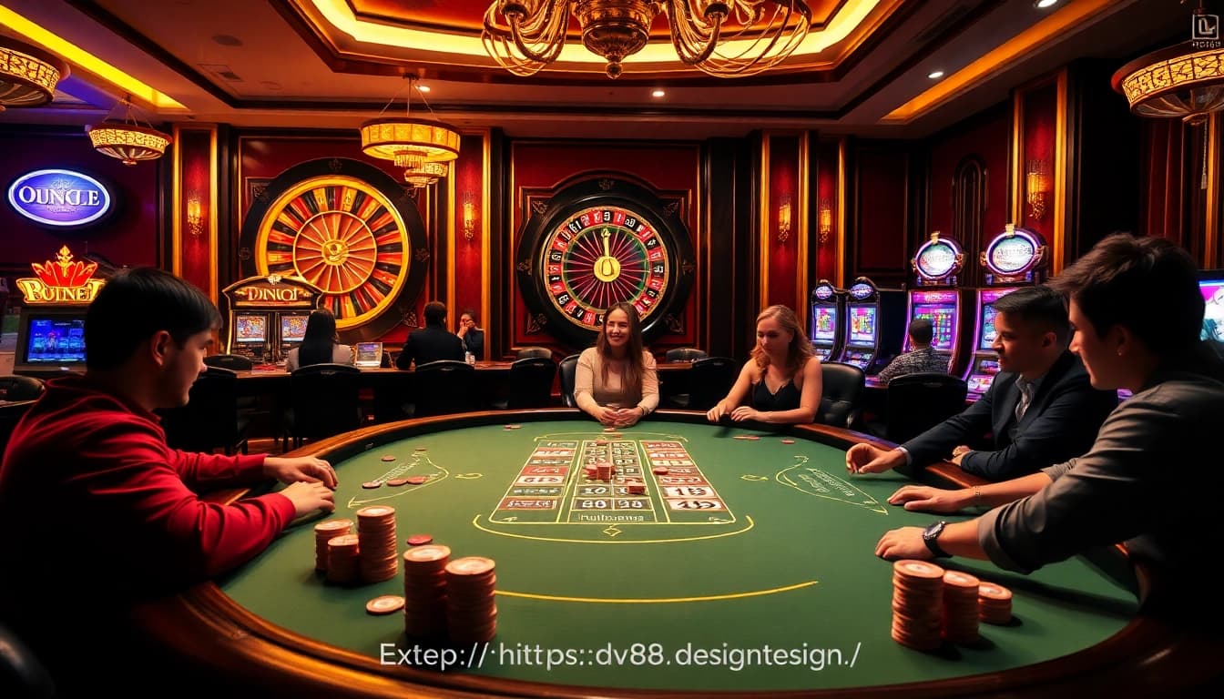 Players engage in a lively poker game at https://dv88.design/, showcasing an elegant casino atmosphere.