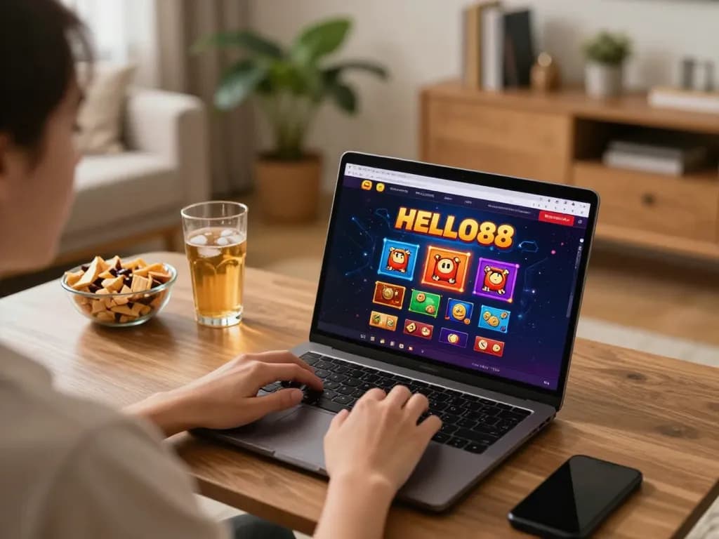Engaging experience playing HELLO88 casino games on a laptop in a cozy home setting.