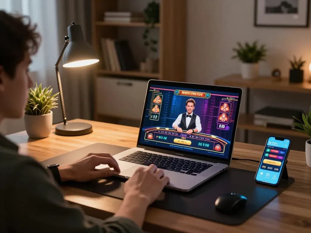 Player engaging with GK88 online casino from home, showing vibrant game interface and responsible gaming setup.