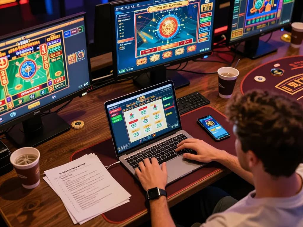 Nohu90 player engaging in online slots and poker gameplay, showcasing strategic gambling atmosphere.