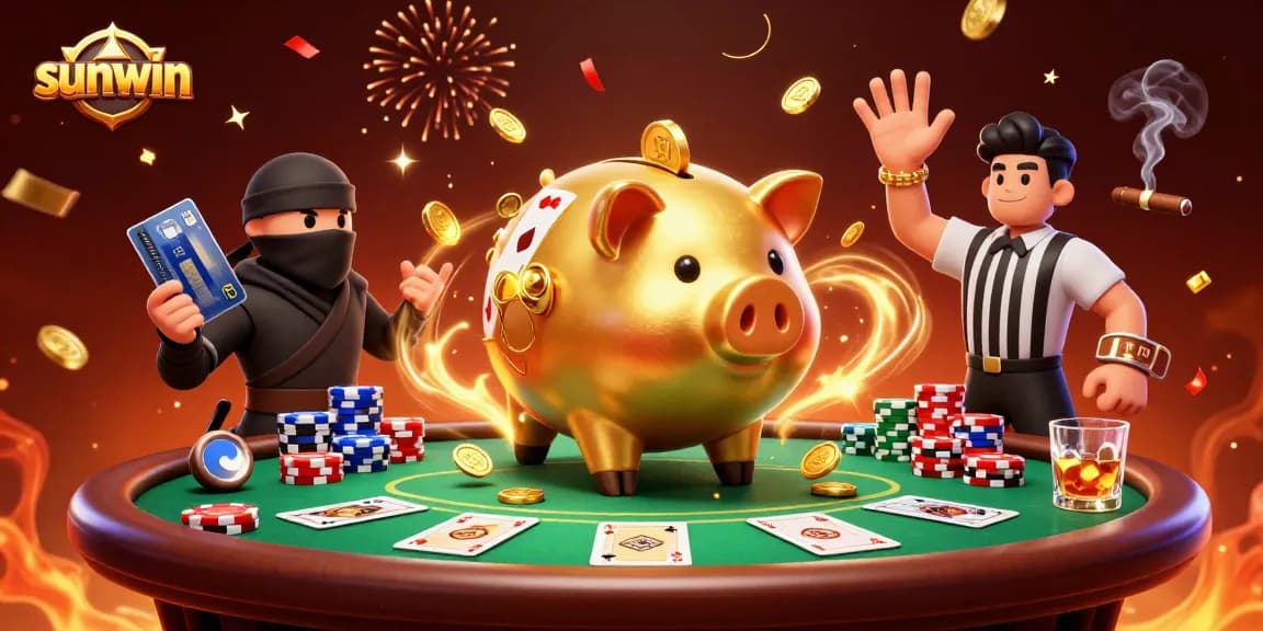 Experience dynamic gaming with sunwin featuring a golden piggy bank sumo wrestler surrounded by poker action.
